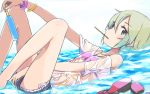  bangle blue_eyes blush bracelet green_hair holding idolmaster idolmaster_cinderella_girls jewelry long_hair looking_at_viewer lying mouth_hold off_shoulder on_back partially_submerged popsicle shiomi_shuuko shoes_removed short_hair shorts solo ueshita water wet wet_clothes 