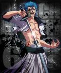  1boy abs arrancar black_sash bleach blue_eyes blue_hair cropped_jacket cropped_legs espada feet_out_of_frame grimmjow_jaegerjaquez hakama holding holding_sword holding_weapon hole_on_body jacket katana looking_at_viewer male male_focus masurao_bc muscle muscular_male open_clothes open_jacket open_mouth open_shirt sash sheath short_hair solo standing sword teeth toned toned_male two-tone_clothes two-tone_jacket unsheathing weapon 