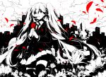  absurdly_long_hair cityscape cross flower graveyard hatsune_miku holding holding_flower long_hair monochrome petals rella saihate_(vocaloid) skirt solo spot_color tears thigh-highs thighhighs tombstone twintails very_long_hair vocaloid zettai_ryouiki 