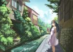  arms_behind_back bare_shoulders blush clouds dress eichisu flower flowers green_eyes green_hair hair_flower hair_ornament house long_hair original plant scenery sky smile solo sundress tree water white_dress 