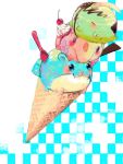  blush checkered checkered_background cherry creature dessert food fruit gii_(artist) gulpin ice_cream munna no_humans pokefood pokemon pokemon_(creature) spheal spoon tegaki 