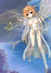  absurdres angel_wings bell blonde_hair cross feathers highres long_hair orange_eyes original partially_submerged see-through sleeveless smile solo staff totto very_long_hair water wings 