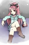 boots crossed_legs hoodie legs_crossed mahou_shoujo_madoka_magica mouth_hold ookami_maito pocky ponytail red_eyes sakura_kyouko shorts sitting solo wide_ponytail 