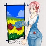  1girl ass bear_pin female flower from_behind holding looking_back nakahara_(teriyaki) off_shoulder original overalls pink_hair red_eyes short_hair solo sunflower t-shirt teriyaki translation_request watering_can 