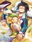  1boy 1girl ahoge bangs bel_(pokemon) black_hair blonde_hair blush cheren_(pokemon) closed_eyes glasses hat leaf lying oshawott poke_ball pokemon pokemon_(creature) pokemon_(game) pokemon_bw sleeping snivy tegaki urouro 