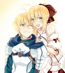  1girl ahoge armor armored_dress blonde_hair bow buun_ko detached_sleeves fate/prototype fate/stay_night fate/unlimited_codes fate_(series) green_eyes hair_bow long_hair ponytail saber saber_(fate/prototype) saber_lily 