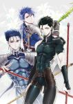  ahoge anz_(starry) armor black_hair blue_hair earrings fate/prototype fate/stay_night fate/zero fate_(series) flower gae_bolg gae_buidhe gae_dearg highres jewelry lancer lancer_(fate/prototype) lancer_(fate/zero) lily_(flower) long_hair male multiple_boys namesake polearm ponytail red_eyes spear weapon yellow_eyes 