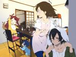  2boys 2girls ame_(ookami_kodomo) animal_ears apron baby baby_bottle black_hair blue_hair blush brown_hair chair child door eating family father_and_daughter father_and_son flower food food_on_face hana_(ookami_kodomo) kitchen long_hair milk mother_and_daughter mother_and_son ookami_kodomo_no_ame_to_yuki ookami_otoko open_mouth oven parents red_hair refrigerator sama short_hair table tail towel wet wolf_ears wolf_tail yuki_(ookami_kodomo) 