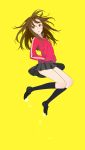  black_legwear brown_eyes brown_hair hands_in_pockets highres jumping kansou_hada kneehighs loafers long_hair open_mouth original pleated_skirt shoes simple_background skirt solo track_jacket yellow_background 