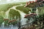  clouds commentary forest kaburagi_yasutaka nature no_humans original scenery science_fiction sky space_craft water waterfall 