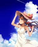  black_hair cloud clouds copyright_request dress grey_eyes hat hat_ribbon original ribbon shade silver_eyes smile solo sundress twintails umiko_(munemiu) 