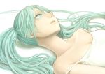  bad_id green_eyes green_hair hatsune_miku highres long_hair on_back solo strap_slip twintails vocaloid 