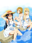  3girls akiyama_mio alternate_costume alternate_hair_length alternate_hairstyle black_eyes black_hair black_legwear blonde_hair blue_eyes blue_hair blush breasts brown_eyes brown_hair dress feet_in_water girock hat hat_ribbon hime_cut k-on! kotobuki_tsumugi long_hair multiple_girls open_mouth ribbon short_hair sitting smile soaking_feet solo sun_hat sundress tainaka_ritsu very_long_hair water white_dress yellow_eyes 