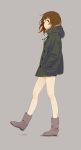  bare_legs boots brown_eyes brown_hair coat hands_in_pockets highres hood kansou_hada legs long_hair open_mouth original simple_background solo walking 