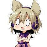  &gt;:d 1girl :d arutana blonde_hair blush chibi chipa_(arutana) crossed_arms earmuffs no_nose open_mouth short_hair simple_background sleeveless smile solo touhou toyosatomimi_no_miko white_background 