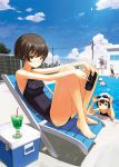  bare_legs bare_shoulders barefoot black_hair blue_eyes blue_sky cloud cooler drink feet feet_on_chair goggles goggles_on_head ice looking_at_viewer lounge_chair maeda_risou multiple_girls one-piece_swimsuit original playstation_portable pool school_swimsuit short_hair sitting sky swim_cap swimming swimsuit telephone_pole 