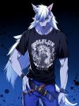  alternate_costume belt blue_background blue_eyes character_name clothes_writing furry jeans kuren long_hair male pants precure shirt smile_precure! solo werewolf white_hair wolfrun 