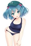  1girl alternate_costume aqua_eyes blue_hair blush breasts cleavage collarbone etou_(cherry7) hair_bobbles hair_ornament hat highres kawashiro_nitori navel open_mouth school_swimsuit short_hair solo swimsuit touhou twintails white_background 