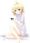  absurdres ahoge bare_legs blue_eyes blush controller dress_shirt game_controller highres kudrove mouth_hold original pillow popsicle shirt short_hair solo 