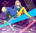  1girl blonde_hair brother_and_sister chain chains coco_(tsuritama) crossed_legs fashion fish glasses grin haru_(tsuritama) ikasemih jacket jeans legs_crossed long_hair nail_polish necktie pantyhose pink_hair purple_eyes shoes short_hair siblings sitting smile title_drop tsuritama violet_eyes water_gun yellow_legwear 