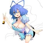  arutana belt blue_eyes blue_hair breasts chipa_(arutana) cleavage collarbone flower hair_rings hair_stick kaku_seiga large_breasts open_mouth shawl short_hair solo touhou white_background wink 