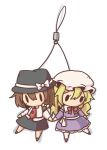  blonde_hair brown_hair cellphone_strap chibi dress fushigi_ebi hand_holding hat hat_ribbon holding_hands long_hair maribel_hearn multiple_girls ribbon solid_oval_eyes touhou transparent_background usami_renko 