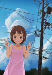  bad_id bare_shoulders bird brown_eyes brown_hair cloud clouds double_v highres looking_at_viewer original sky smile solo telephone_pole v willgoon 