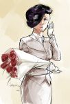  1girl adult alternate_hairstyle bouquet flower formal gloves ikezawa_hanako katawa_shoujo scar short_hair signature skirt_suit skrats solo suit 