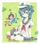  aqua_eyes arm_rest ascot black_hair breasts cleavage gloves green_background hat houjuu_nue legomaru looking_at_viewer minigirl multiple_girls murasa_minamitsu neckerchief open_mouth red_eyes rope sailor sailor_hat shoes short_hair shorts simple_background smile star touhou ufo wings 