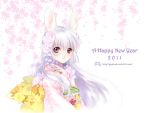  2011 animal_ears bangs bunny_ears copyright_request flower hair_flower hair_ornament happy_new_year japanese_clothes kimono lavender_hair long_hair new_year obi purple_eyes rabbit_ears shiitake_(gensoudou) smile solo violet_eyes watermark web_address 