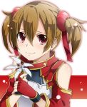  breastplate brown_hair detached_sleeves fingerless_gloves flower gloves kirito_(tundereyuina) looking_at_viewer red_eyes short_twintails silica smile solo sword_art_online tears tundereyuina twintails 