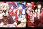  5girls :o blue_hair brown_eyes brown_hair chair column_lineup efe food fruit hat hat_ribbon hinanawi_tenshi holding houraisan_kaguya inubashiri_momiji lantern letterboxed long_hair multiple_girls nagae_iku peach red_eyes remilia_scarlet ribbon short_hair sitting solo tokin_hat touhou white_hair 