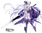  1girl artist_request breasts cleavage female garter_straps girl_arms mecha_musume purple_eyes shield sword thigh-highs thighhighs violet_eyes weapon white_hair 