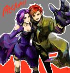  baccano! chane_laforet claire_stanfield couple dress elbow_gloves formal gloves knife ngnl purple_eyes purple_hair red_eyes red_hair redhead trench_coat violet_eyes 