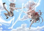  bike_shorts biribiri brown_eyes brown_hair cloud clouds electricity khui leg_warmers long_hair loose_socks misaka_mikoto multiple_girls open_mouth shirai_kuroko short_hair sky socks sweater_vest to_aru_kagaku_no_railgun to_aru_majutsu_no_index twintails 