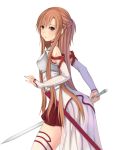  :o asuna_(sao) braid breastplate brown_eyes brown_hair detached_sleeves half_updo highres long_hair looking_back solo sword sword_art_online thigh-highs thighhighs weapon white_background white_legwear willgoon 