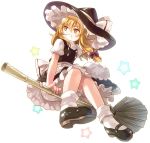  apron blonde_hair bloomers bow broom broom_riding chaba_(hortensia) grin hair_bow hat hat_bow kirisame_marisa long_hair mary_janes puffy_sleeves shoes short_sleeves sidesaddle simple_background smile solo star touhou white_background witch_hat 