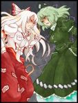  &gt;:( bow cigarette clenched_teeth confrontation dress electricity fujiwara_no_mokou ghost_tail green_dress green_eyes green_hair hair_bow hair_ribbon hands_in_pockets hat long_hair multiple_girls open_mouth pants red_eyes ribbon short_hair simple_background soga_no_tojiko tate_eboshi terajin touhou white_hair windowboxed 
