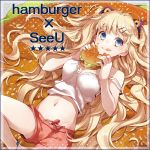  belly blonde_hair blue_eyes eating food food_on_face hamburger navel seeu shorts solo vocaloid yunco 