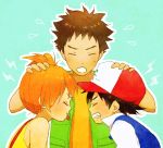  2boys angry baseball_cap black_hair blush brown_hair child hat holding kasumi_(pokemon) misty_(pokemon) multiple_boys orange_hair pokemon pokemon_(anime) popela satoshi_(pokemon) short_hair side_ponytail sweatdrop takeshi_(pokemon) tongue 