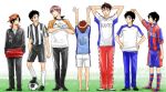  adidas backwards_hat ball baseball_cap black_hair brown_hair character_request food fruit gloves hat male mandarin_orange multiple_boys nike soccer_ball soccer_uniform whistle! 