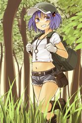  alternate_costume backpack bag blue_eyes blue_hair blush boots cutoffs denim denim_shorts forest gloves grin hair_bobbles hair_ornament hat highres kawashiro_nitori key midriff nature navel short_hair short_shorts shorts smile solo touhou tree yudepii 