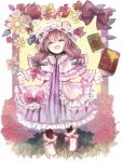  apple book bow capelet closed_eyes crescent eyes_closed flower food frame frills fruit hair_bow hat highres kirisa_(yuki) long_hair long_sleeves open_mouth outstretched_arms pantyhose patchouli_knowledge purple_hair solo touhou 