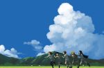  akiyama_mio cloud clouds hirasawa_yui hirokiku k-on! kotobuki_tsumugi mountain multiple_girls nakano_azusa running scenery school_uniform tainaka_ritsu 