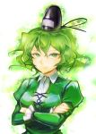  crossed_arms dress green_dress green_eyes green_hair hat long_sleeves puffy_sleeves short_hair sisenshyo smile soga_no_tojiko solo tate_eboshi touhou 