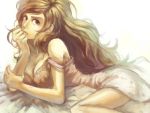  bare_shoulders bed_sheet breasts brown_eyes brown_hair camisole chin_rest cleavage long_hair looking_at_viewer lupin_iii lying mine_fujiko momo_alto on_stomach parted_lips solo strap_slip very_long_hair 