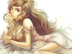  bare_shoulders bed_sheet breasts brown_eyes brown_hair camisole chin_rest cleavage long_hair looking_at_viewer lupin_iii lying mine_fujiko momo_alto on_stomach parted_lips solo strap_slip very_long_hair 