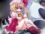  anbee_(arary) animal ascot bad_id blonde_hair blush bobby_socks bow commentary_request crying crystal flandre_scarlet fullmetal_alchemist hair_bow hat hat_ribbon highres hong_meiling hong_meiling_(panda) lilia1227 panda panties pantyshot pantyshot_(sitting) pink_panties rain red_eyes ribbon short_sleeves side_ponytail sitting socks solo tears touhou underwear wings wrist_cuffs 