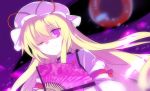  blonde_hair eyes fan hat hat_ribbon highres long_hair no_more puffy_sleeves purple_eyes red_eyes ribbon smile solo touhou violet_eyes wink yakumo_yukari 