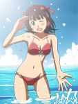  bikini bow brown_hair green_eyes hair_bow hair_ribbon idolmaster lielos ribbon short_hair splash splashing swimsuit 